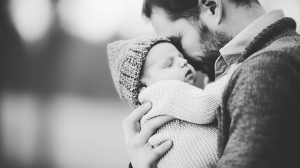 Tender moment of a father lovingly holding his sleeping newborn baby, black and white photograph capturing family love and bonding.