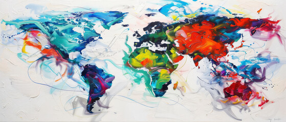 Fototapeta premium A vibrant and abstract world map painted with swirling colors, showcasing a dynamic blend of hues representing different continents.
