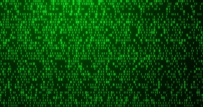 Abstract green binary code background. Digital technology, cyberspace, big data, virtual reality and matrix pattern. Numbers zero and one display on computer monitor screen. 4K video animation 3d.