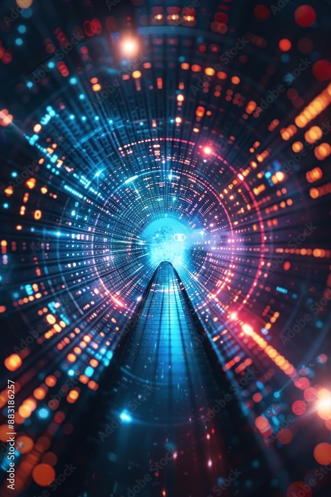 Poster a digital tunnel with colorful lights and geometric patterns
