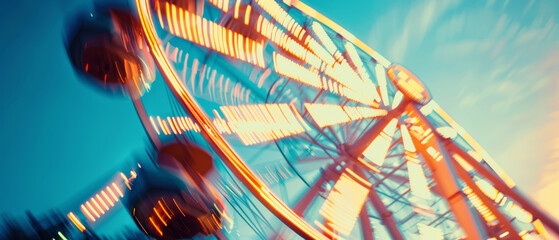 An ethereal capture of a Ferris wheel in motion, bathed in neon lights against the dusk sky, creating a mesmerizing, dreamlike effect.