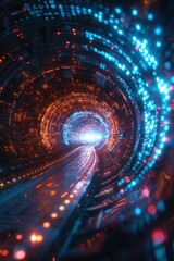 Obraz premium A digital rendering of a futuristic tunnel with a bright light at the end and a glowing path leading towards it