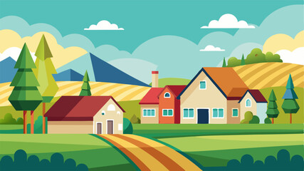 Naklejka premium Cartoon Vector Countryside with Houses and Green Fields - Children's Book Style