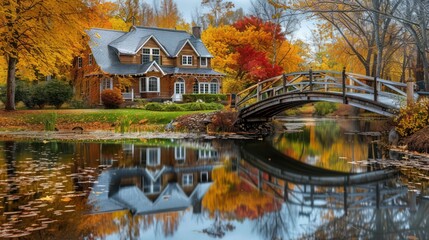 Fototapeta premium Suburban Colonial home with a quaint wooden bridge over a landscaped pond, reflecting the changing autumn leaves