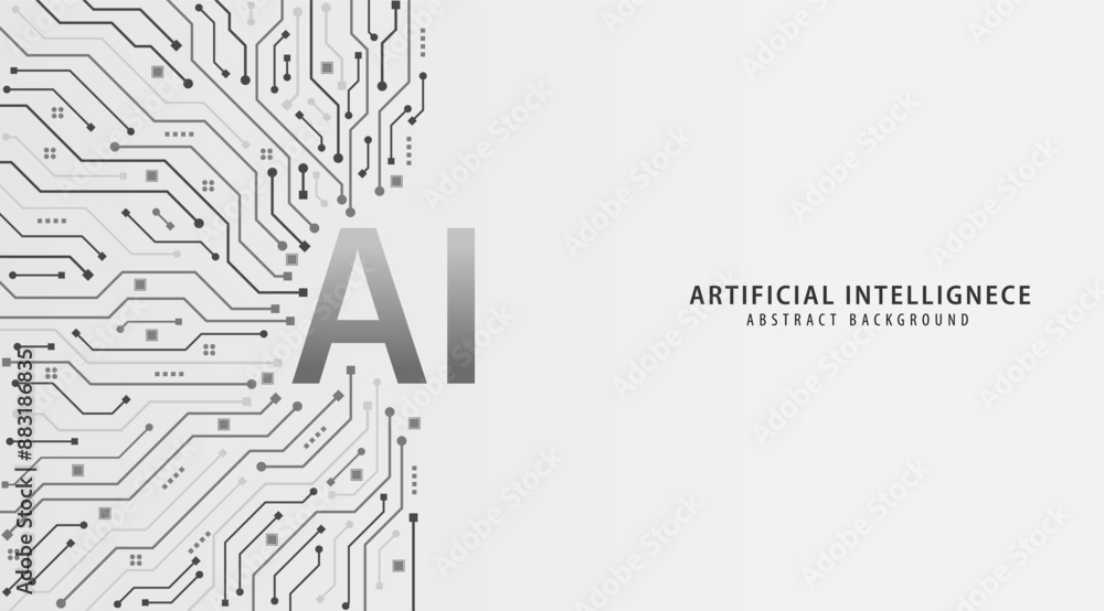 Poster AI chipset on circuit board. Artificial intelligence abstract black and white background. Machine learning and technology concept design. Vector illustration for banner and web template.