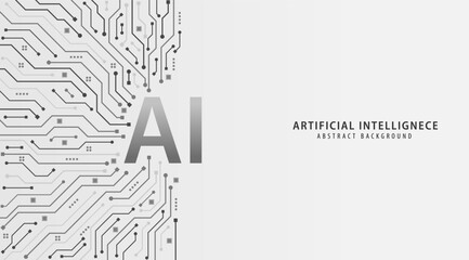 AI chipset on circuit board. Artificial intelligence abstract black and white background. Machine learning and technology concept design. Vector illustration for banner and web template.