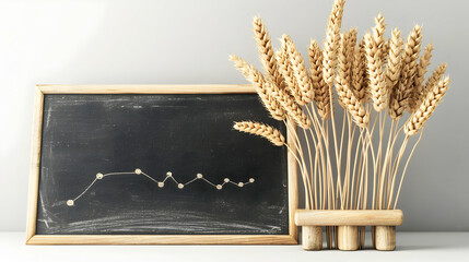 3D Flat Icon: Blackboard with Wheat Sheaf and Rising Line Concept   Increase in Agricultural Commodity Value Symbolized in Whimsical Background, Isolated on White   Ideal for Text 
