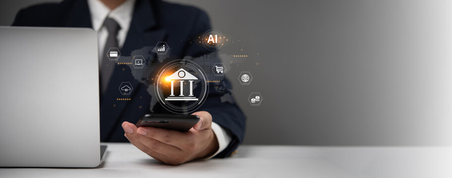 Businessman holding smartphone with digital banking and AI icons. Modern technology, fintech, and innovation in finance. Useful for corporate, financial, and tech presentations.