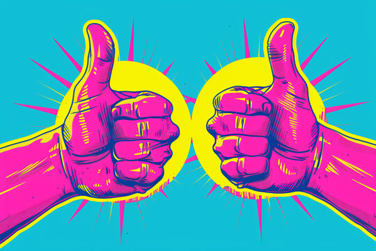 
A pair of pink and yellow hands in a thumbs up pose against a solid blue background with a neon light effect and simple, symmetrical composition in a minimalist style