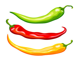 Set of chili peppers in cartoon style. Vector illustration of delicious and hot chili peppers: green, red, yellow isolated on white background. Cooking. Healthy food. Logo. Banner.