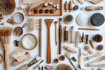 An artistic flat lay arrangement of various woodworking tools and wooden objects. The background features a clean white space that highlights the natural textures and tones of the wooden and metal too