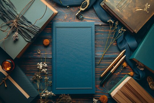 An artistic arrangement of books and writing tools on a wooden table. Features a central blue book surrounded by colorful vintage objects 