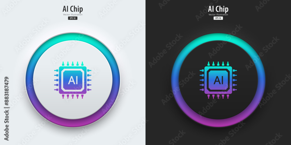 Poster AI chipset icon. Futuristic artificial intelligence symbol. A set of buttons with microchip symbols. Neumorphism style, UI UX design. large data processing, database concept. Vector illustration.