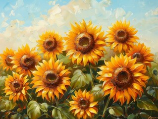 Fototapeta premium Vibrant Sunflower Field Art Print, Yellow Flower Painting, Abstract Garden Wall Decoration