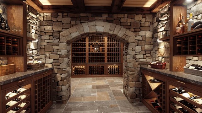 Suburban Colonial home with a bespoke wine cellar, designed to mimic the style of old world cellars with stone walls and wooden racks