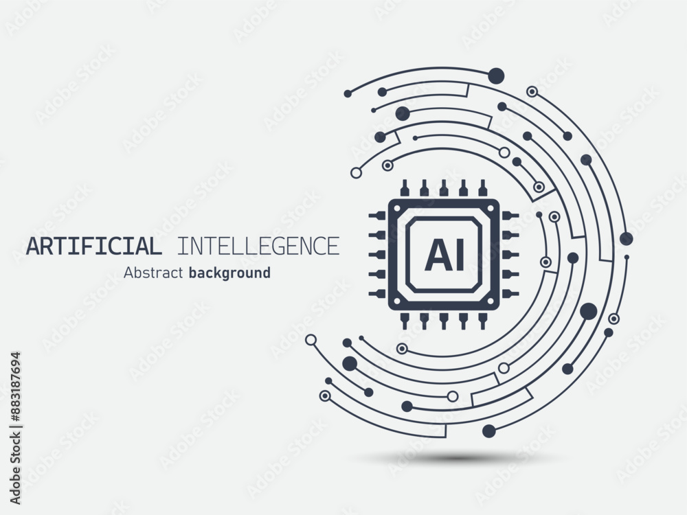 Poster AI chips icon on crescent-shaped circuit board. Futuristic artificial intelligence abstract background. Large data processing, database concept. Vector illustration for web and template.
