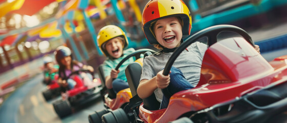 A child joyfully driving a go-kart at an amusement park, embodying pure happiness and excitement.
