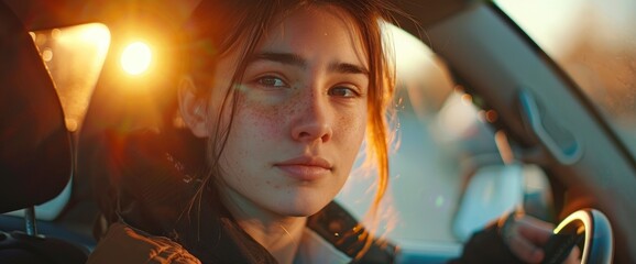 A millennial driver, confidently navigating the city, her face glowing with determination