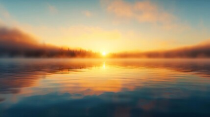 Obraz premium Tranquil sunrise over a calm lake with reflections of the colorful sky and distant misty shoreline, creating a serene and peaceful atmosphere.