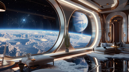 Luxury space station lounge with panoramic view of a distant planet and stars through large windows