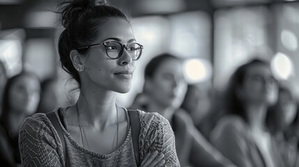 Teacher giving advice on coding practices in a tech-focused seminar, Modern, Monochromatic, 3D rendering