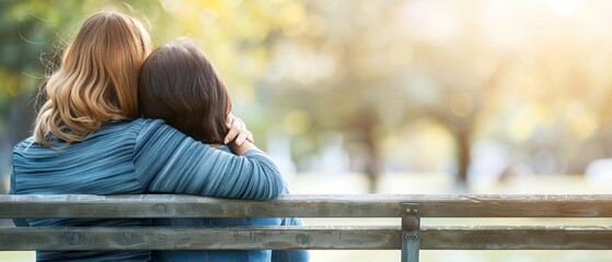 Two friends embracing on a bench in a park, enjoying a warm, sunny day together, creating a feeling of comfort and friendship.