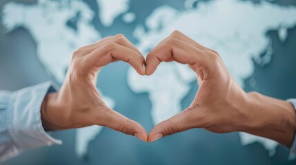 Obraz premium Two hands forming heart shape against a blurred world map background, symbolizing global unity and love.