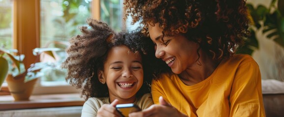 A mother and daughter, laughing while using a mobile phone, their faces beaming with joy