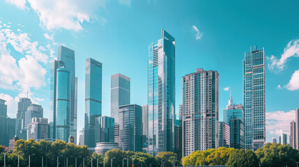 Obraz premium Modern city skyline with tall skyscrapers and lush green trees under a bright blue sky