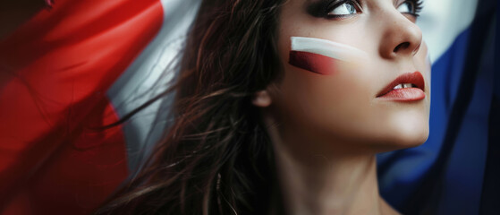 Naklejka premium A woman with face paint in the colors of the Polish flag looks heroically upwards, exuding national pride against a backdrop of waving flags.