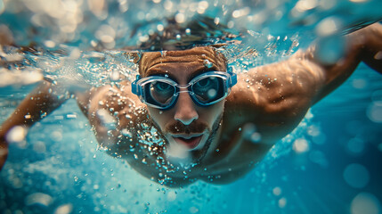 Naklejka premium A man swimming in the pool underwater 