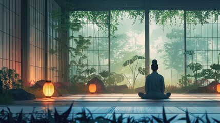 Expert offering advice on mindfulness practices in a tranquil seminar setting, Zen, Soft Lighting, Illustration