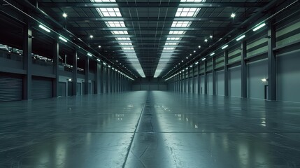 Obraz premium Futuristic industrial building interior with shiny reflective floor
