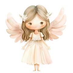 Fototapeta premium watercolor angel with light brown hair clip art, white background, soft beige dress, pastel colors, children's book illustration style, cute and adorable