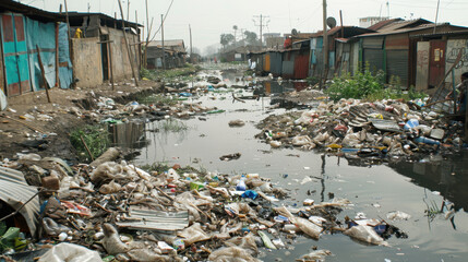 Urban slum with polluted canal and scattered trash, deteriorated shacks, and poor sanitation conditions
