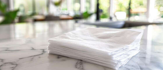 A stack of neatly folded white paper napkins sits on a polished marble countertop in a bright, modern kitchen.