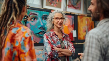 Mentor sharing advice on visual arts in a creative seminar with vibrant artwork, Artistic, Bright Colors, Illustration