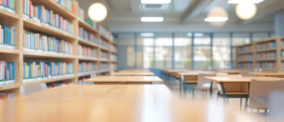 Fototapeta premium A well-lit library with neat rows of bookshelves, the tables are ready for readers in a serene, inviting environment perfect for study and research.
