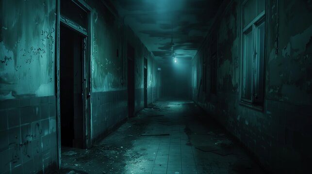 a dark corridor in an abandoned hospital at night, illuminated by a flickering light beam. 