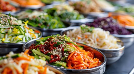 Obraz premium A visually appealing array of colorful vegetable-based dishes displayed in metal bowls, highlighting the diversity and richness of plant-based cuisine, perfect for a feast.