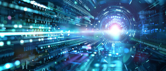 Fototapeta premium A futuristic digital matrix, filled with streaming data lines and light flares, creating a dynamic and energetic visual effect.