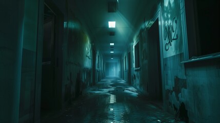 a dark corridor in an abandoned hospital at night, illuminated by a flickering light beam. 