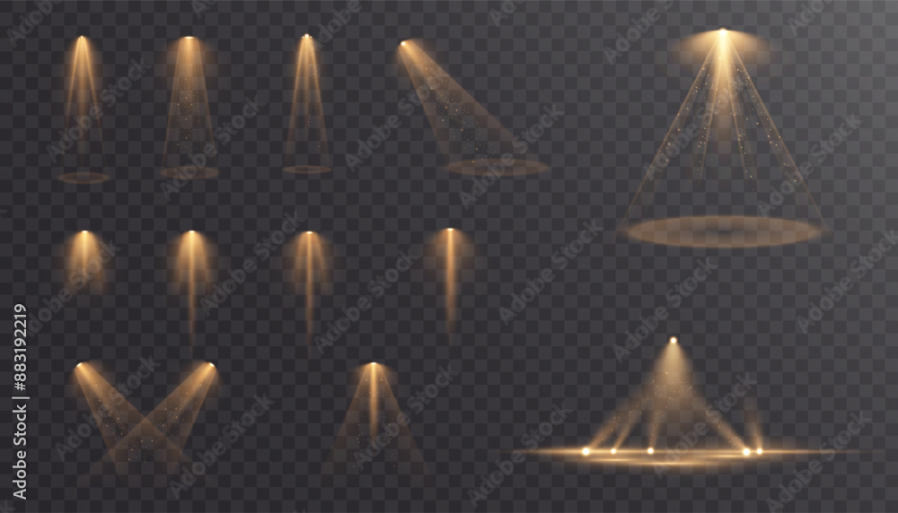 Poster spotlight. set of vector isolated light effects of yellow spotlight. white glowing spotlight on a tr