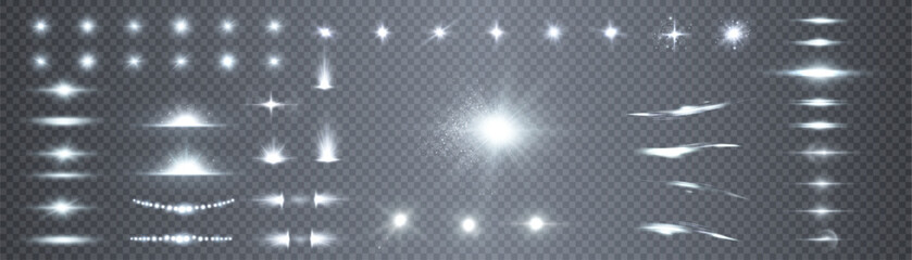 A large set of different abstract light effects: spotlight, glare, explosion, spark, dust, line, solar flare, sparks and stars, swirls. Sun rays. © Valeriia