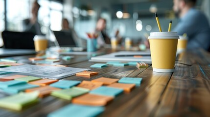 A dynamic office scene showing a coffee cup, sticky notes, and documents on a wooden table, with blurred office workers engaged in a meeting in the background.