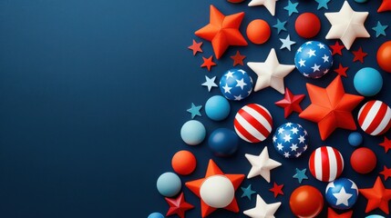Background with overlapping stars and circles in the colors and patterns of the American flag, creating a dynamic and patriotic look
