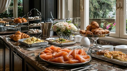 Lavish Hotel Breakfast Buffet Spread with Flaky Croissants Smoked Salmon and Elegant Decor