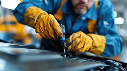 A professional mechanic in a blue uniform and yellow gloves works diligently on a car engine, using a tool, in a busy automotive repair shop environment.