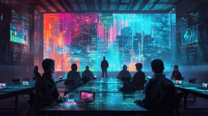 Instructor sharing advice on technology trends in a seminar room with digital interfaces, Modern, Cool Tones, Digital Painting