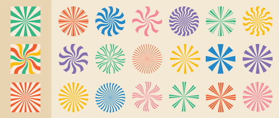 Abstract futuristic geometric shapes, rays of sun, stars in trendy groovy, Y2K, pop art style, vintage. Retro colored isolated on white background elements. Flat Vector Illustration EPS10.